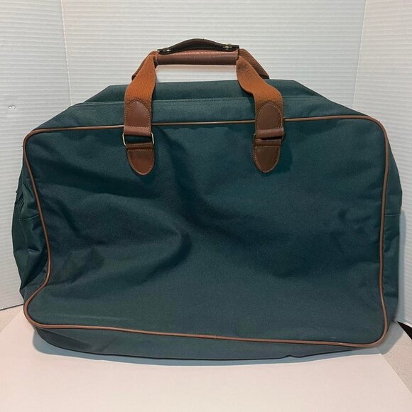 Vintage Suitcase Green Soft Shell Canvas Leather Bag Carry On - Picture 4 of 7